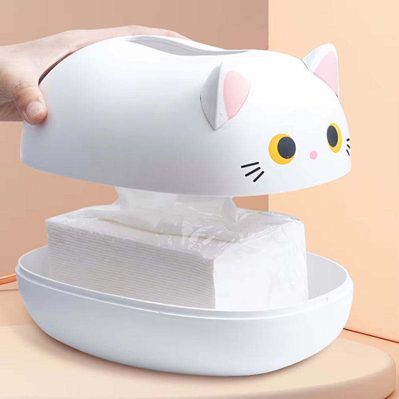 Caja de Pañuelos Gato Kawaii con Compartimento para Palillos – Dispensador de Servilletas Decorativo para Sala, Cocina y Oficina (Blanco/Negro)